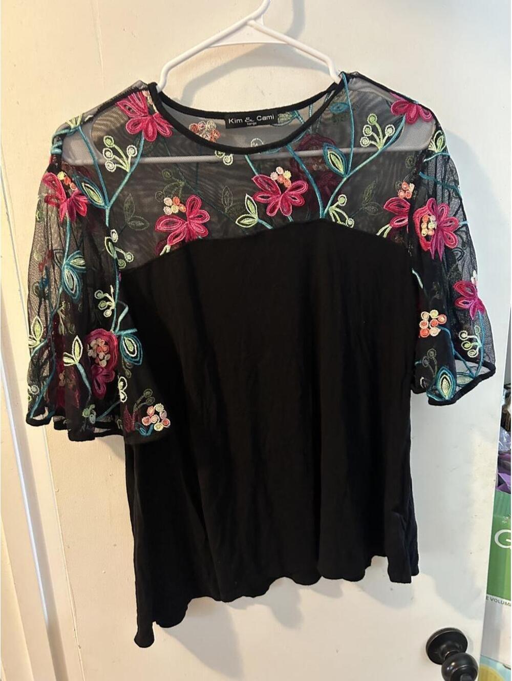 Kim & Cami black mesh blouse with floral embroidery pink, red, and teal, size L